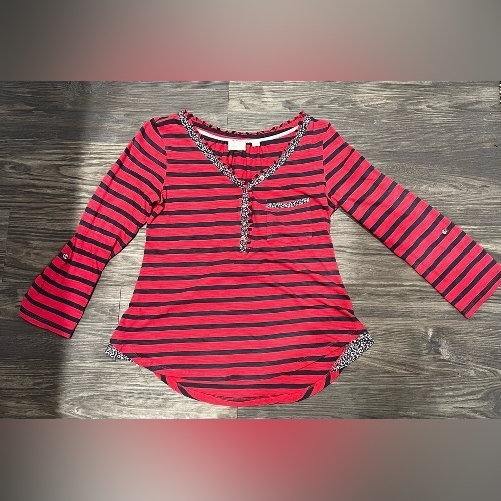 Anthropologie Postmark red and blue stripe floral trim henley top, size medium - Picture 2 of 9